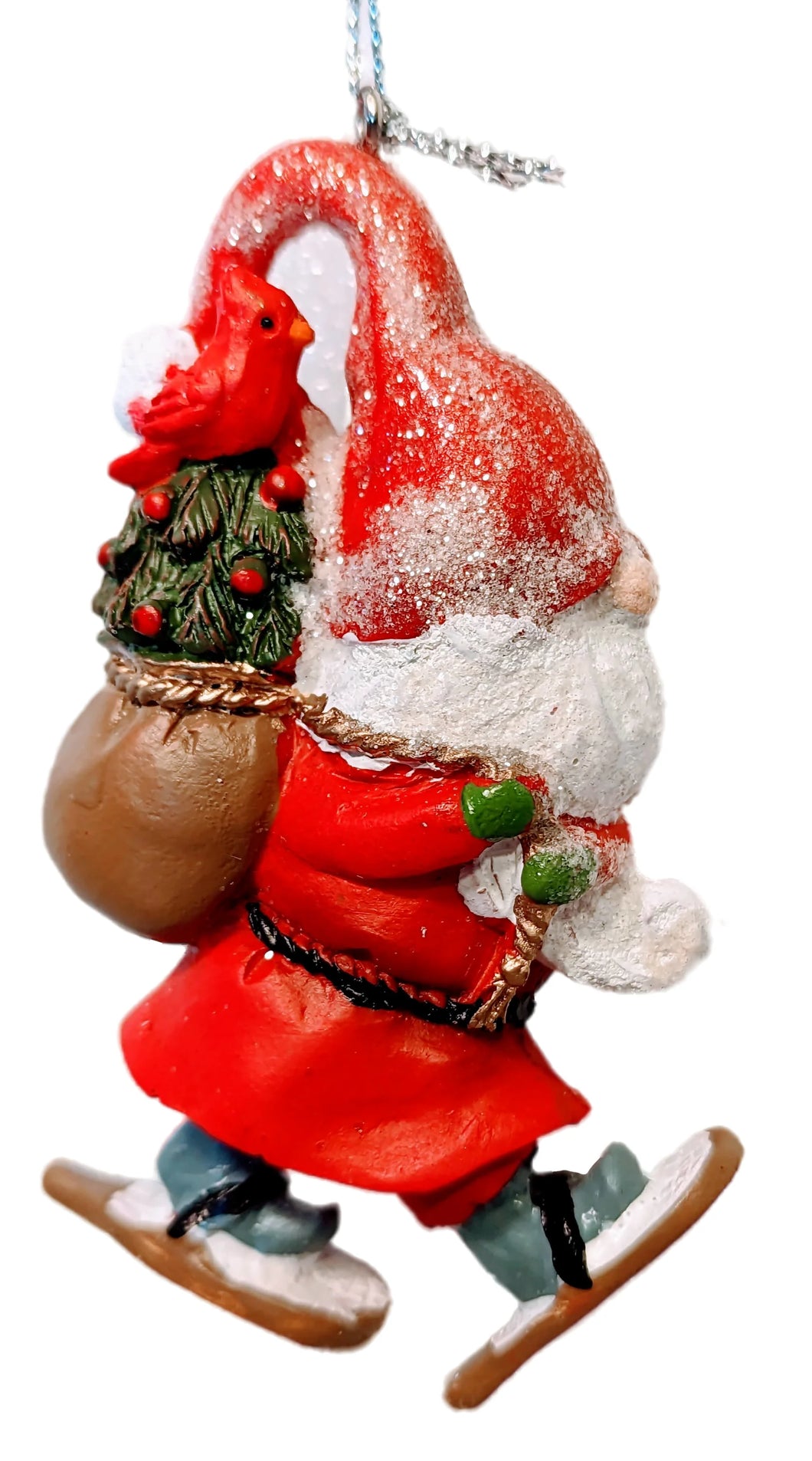 Christmas Gnome Ornament on Snow Shoes with Gold Sack with Tree