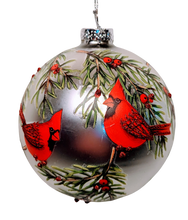 Load image into Gallery viewer, Glass Winter Bird Ornament wit 2 Red Cardinals or 2 Chickadees

