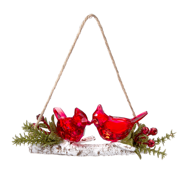Two Red Cardinals Sitting On a Birch Branch  with Greenery & Red Berries Ornament