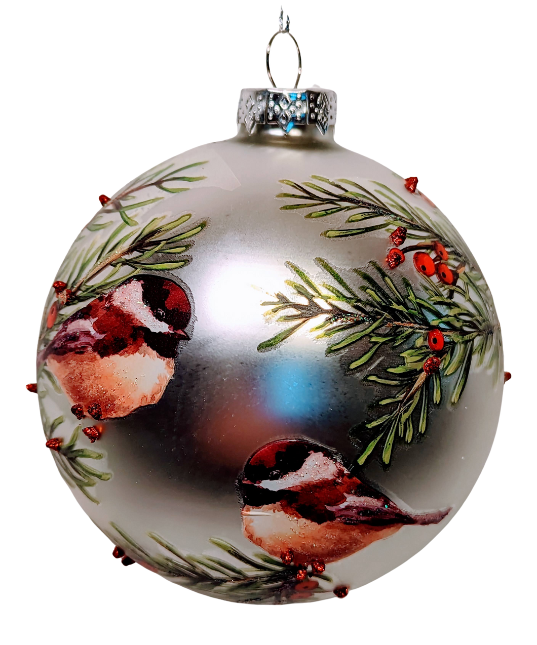Glass Winter Bird Ornament wit 2 Red Cardinals or 2 Chickadees