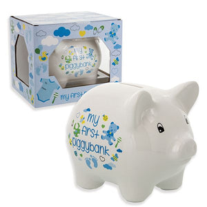 Ceramic White and Blue My First Piggy Bank Gift Boxed 5"