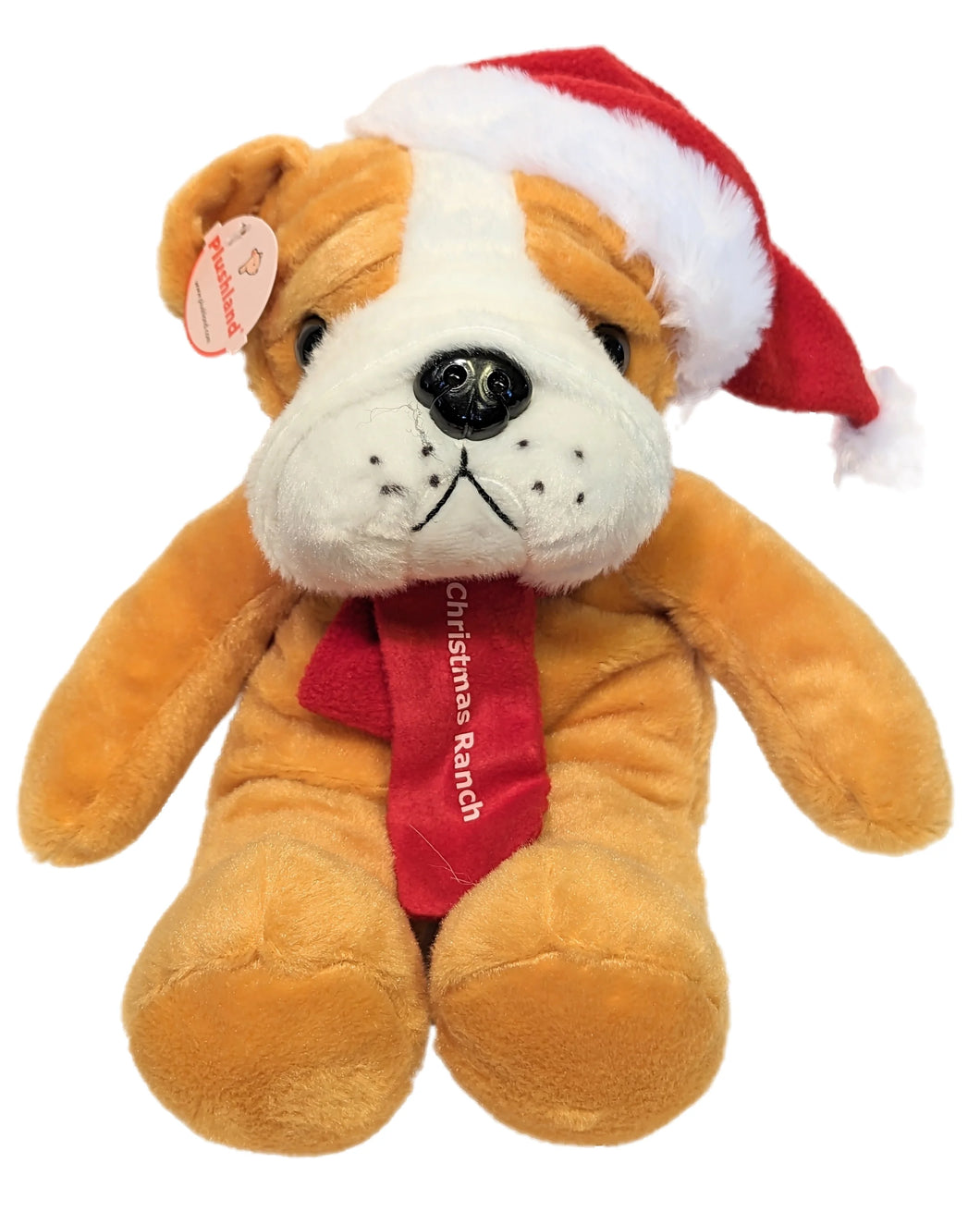 Plush Christmas Bulldog with Red Santa Hat & Red Scarf with Christmas Ranch