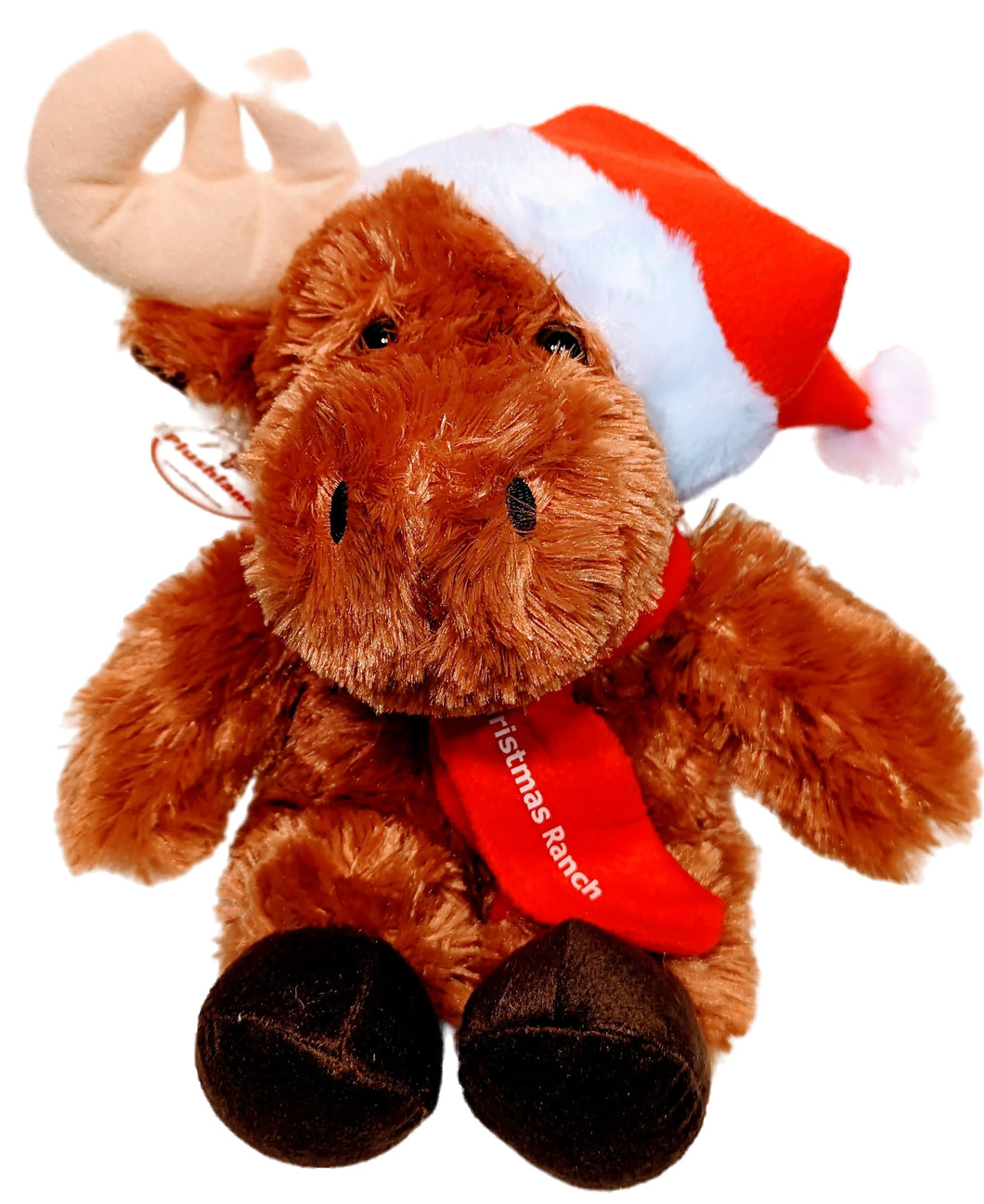 Plush Christmas Moose with Red Santa Hat & Red Scarf with Christmas Ranch