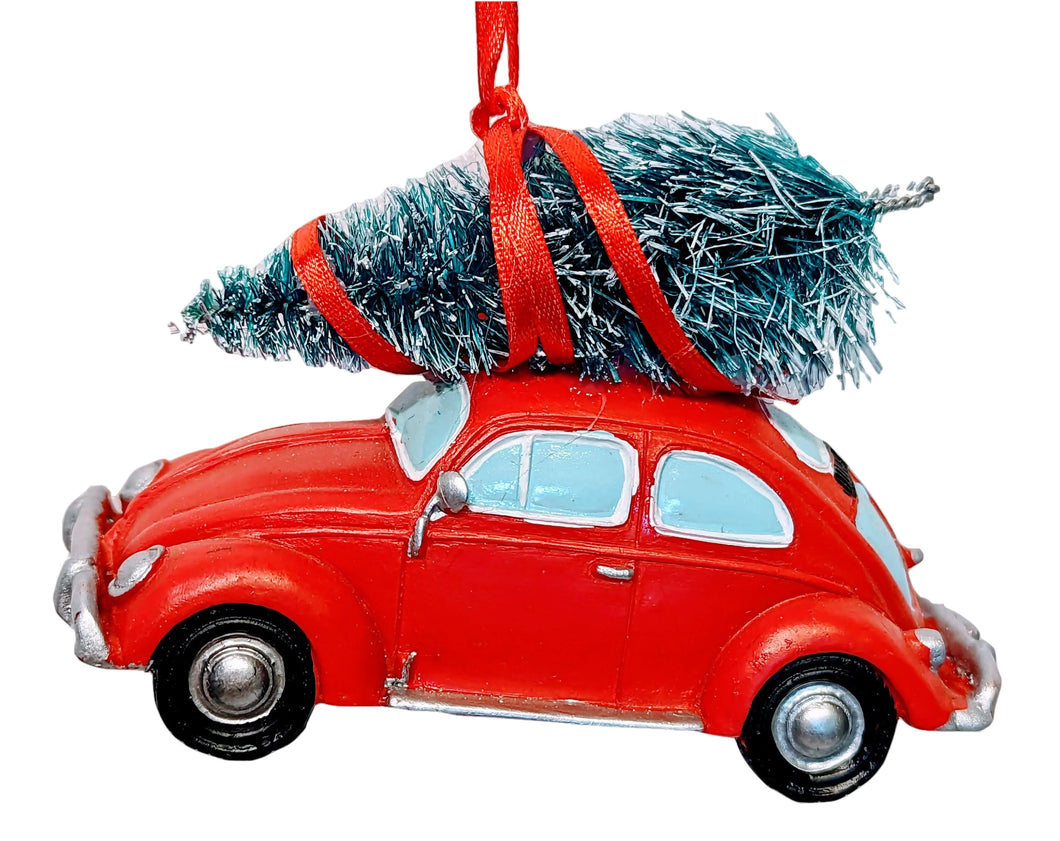 Retro Red Car Ornament with Christmas Tree On Top