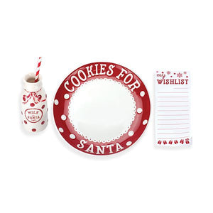 Ceramic Red and White Santa Cookie Set Includes Plate, Mug with Straw, and Note Pad