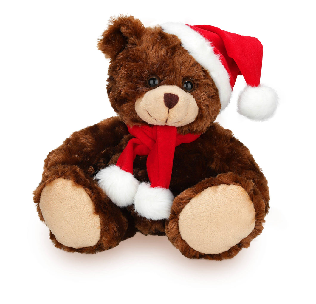 Plush Chocolate Christmas Bear with Red Santa Hat & Red Scarf