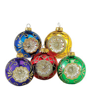 Load image into Gallery viewer, Multicolored Glass Reflector Ornaments Box of 5
