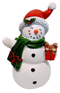 Vintage Snowman Figurine with Red Hat/Green Scarf Holding Christmas Gift