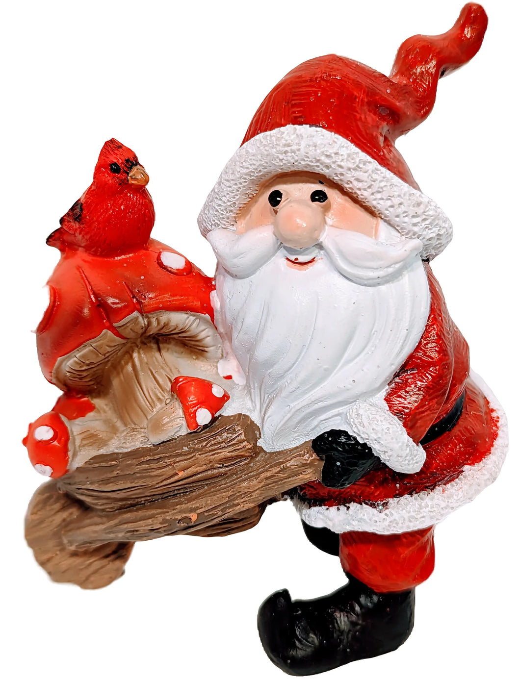 Santa Figurine with Mushroom in Wheel Barrel with Red Cardinal