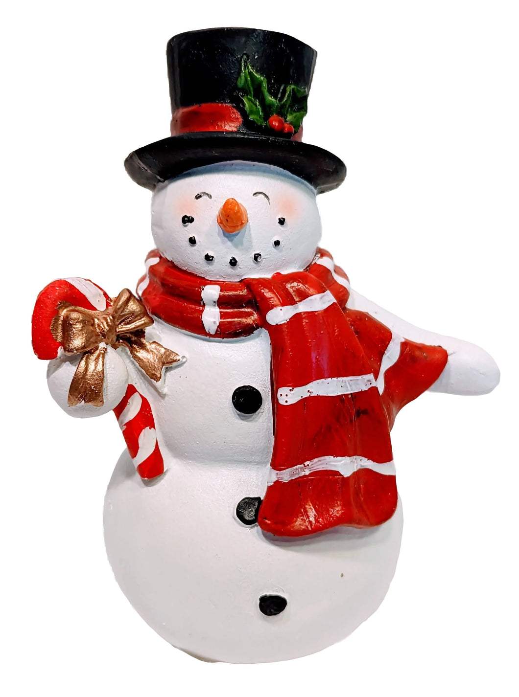 Vintage Snowman Figurine with Black Hat/Red/White Scarf Holding Candy Cane