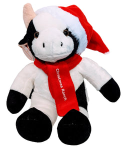 Plush Christmas Cow with Red Santa Hat & Red Scarf with Christmas Ranch