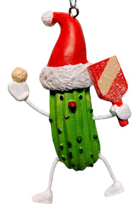 Pickle Ball Ornament Wearing Red Santa Hat