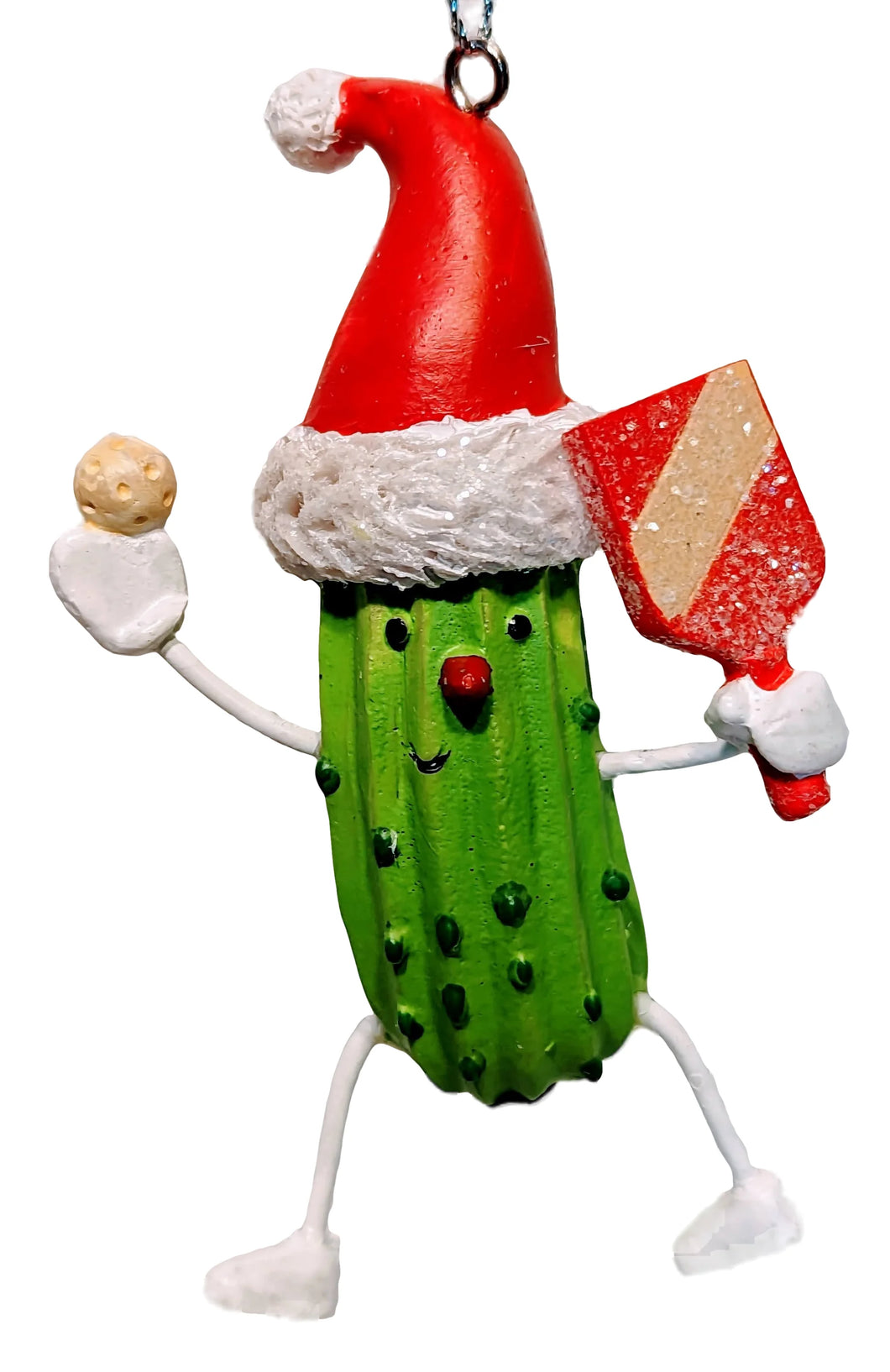 Pickle Ball Ornament Wearing Red Santa Hat