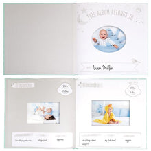 Load image into Gallery viewer, Teal Little Dreamer Baby&#39;s First Year Book with Moon and Stars 9&quot;x 9&quot;
