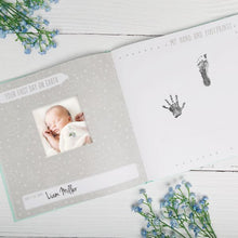 Load image into Gallery viewer, Teal Little Dreamer Baby&#39;s First Year Book with Moon and Stars 9&quot;x 9&quot;
