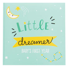 Load image into Gallery viewer, Teal Little Dreamer Baby&#39;s First Year Book with Moon and Stars 9&quot;x 9&quot;
