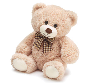 Plush Sitting Beige Bear with Plaid Bow 10"