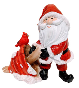 Santa Figurine Pulling Christmas Tree with Red Cardinal