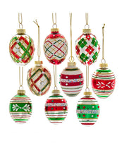Load image into Gallery viewer, Glass Red &amp; Green Decorated Egg Ornaments - 9 Piece Box
