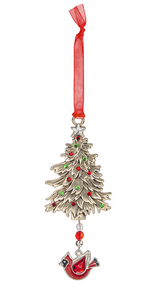 Silver Cardinal Christmas Tree Ornament with Red & Green Jewels