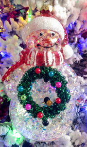 Glass red/green snowman with glitter/Santa hat/wreath & scarf 5.5"