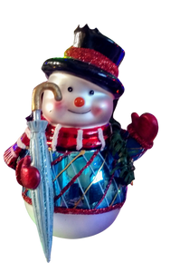 Glass snowman ornament with blue umbrella/black hat/red scarf  4"