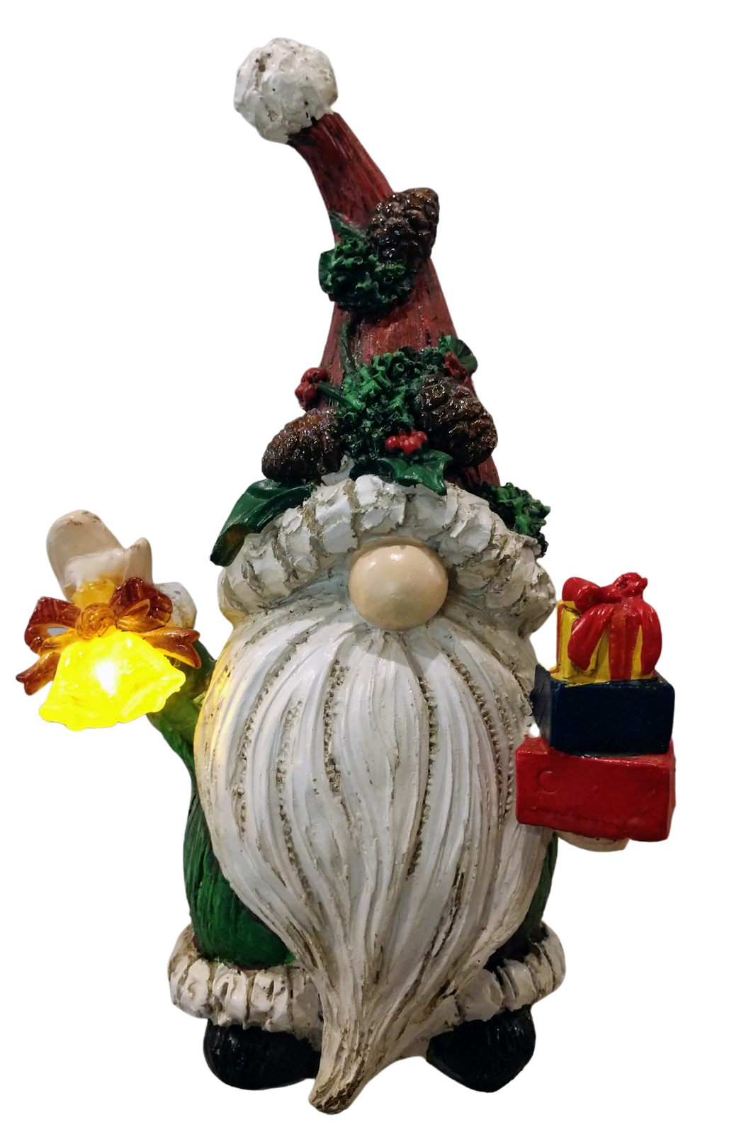 Woodland Gnome Figure with bells & presents lights up -resin 8