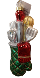 Glass green and silver oven mitt ornament