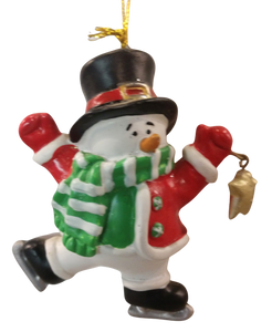 Snowman ornament with ice skates black hat/red/green jacket resin 4"