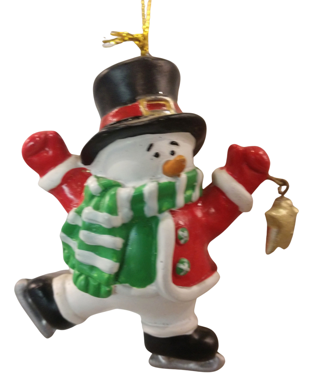 Snowman ornament with ice skates black hat/red/green jacket resin 4