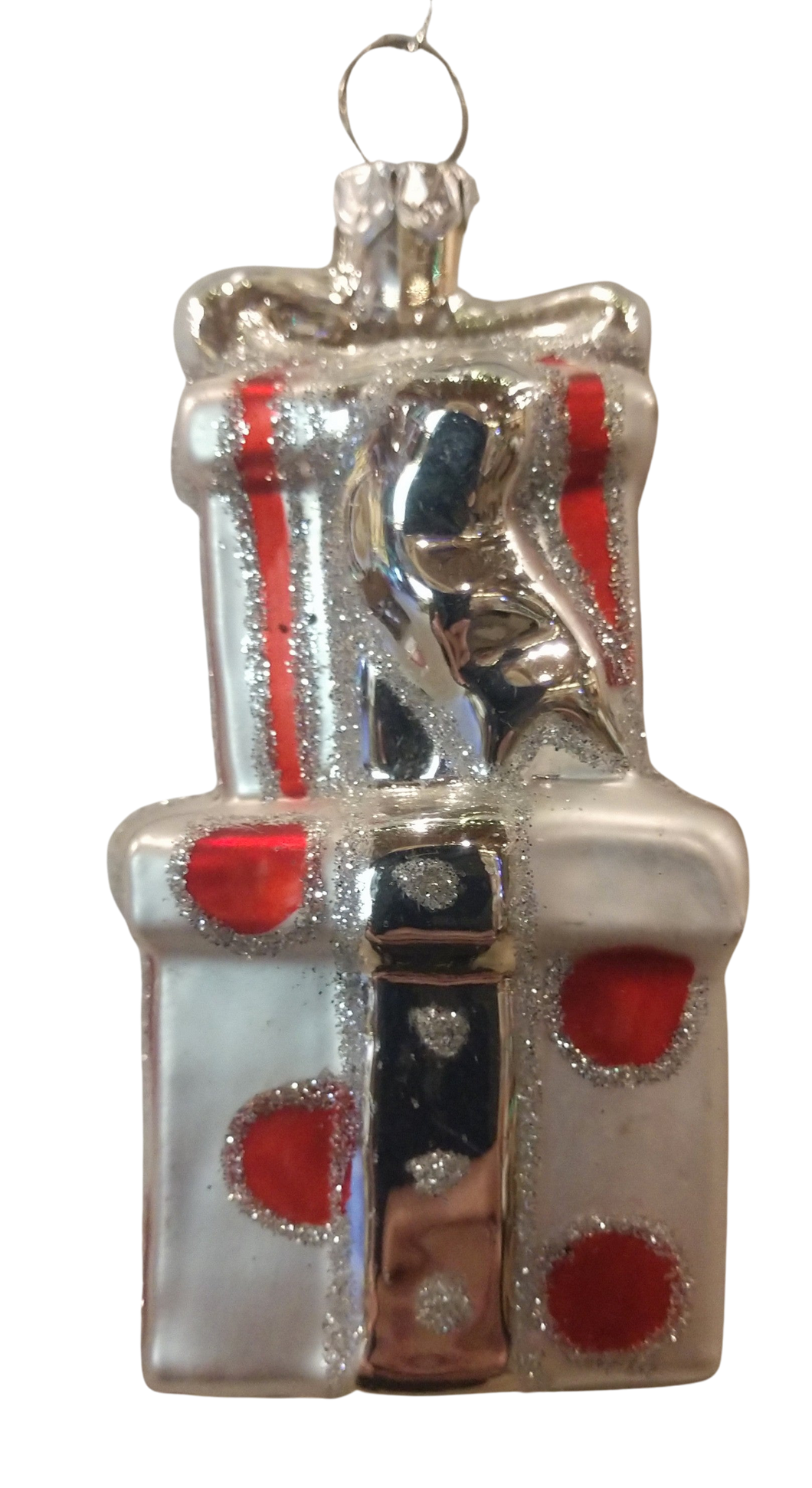 Silver & red ornament with 2 presents glass 4