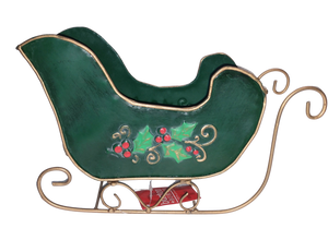 Metal green Christmas sleigh with holly6"x8"