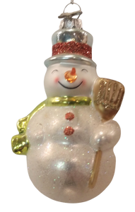 Glass snowman ornament with silver hat/green scarf/gold broom 3.5"
