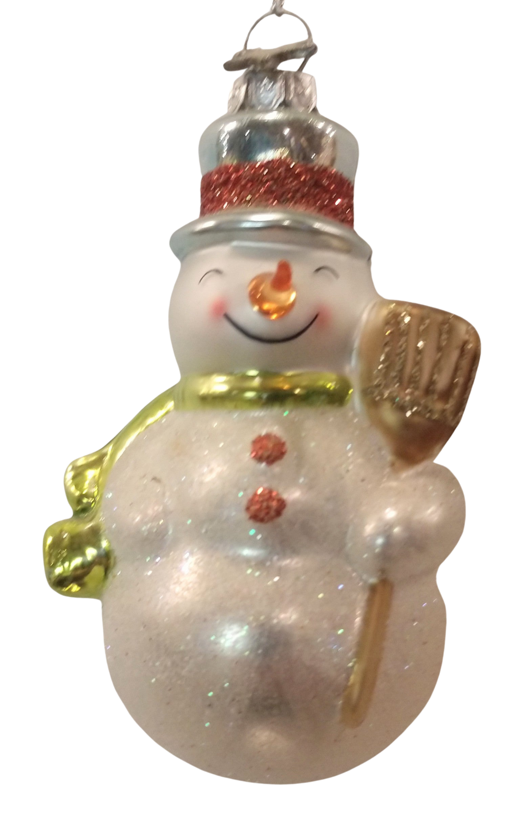 Glass snowman ornament with silver hat/green scarf/gold broom 3.5