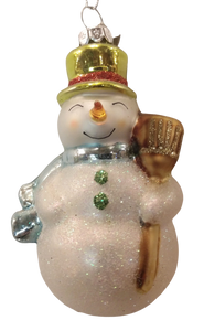 Glass snowman ornament with gold hat/blue scarf/gold broom 3.5"
