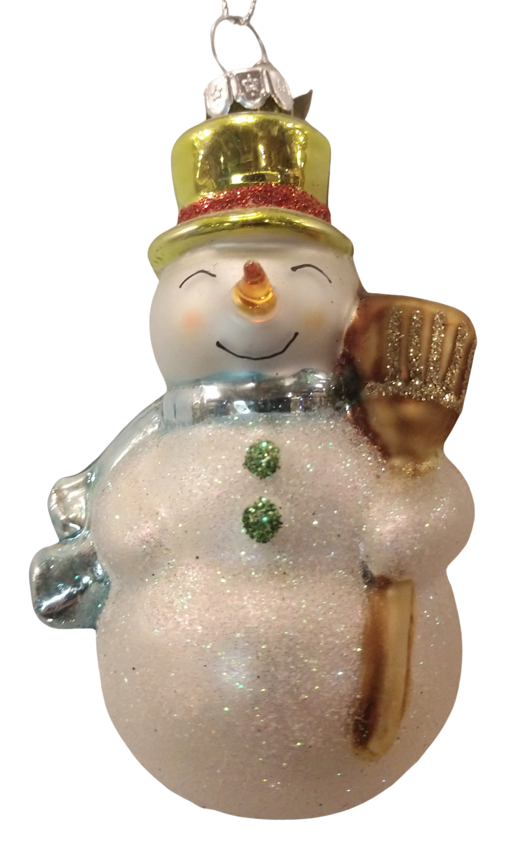 Glass snowman ornament with gold hat/blue scarf/gold broom 3.5