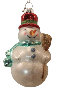 Glass snowman ornament with red hat/blue scarf/gold broom 3.5"