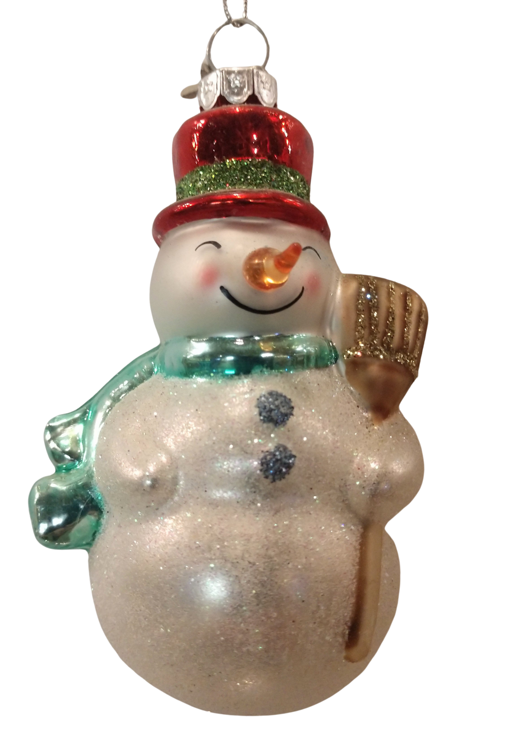Glass snowman ornament with red hat/blue scarf/gold broom 3.5