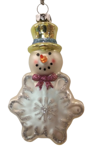 Glass snowman snowflake ornament with gold hat/pink bow 4"