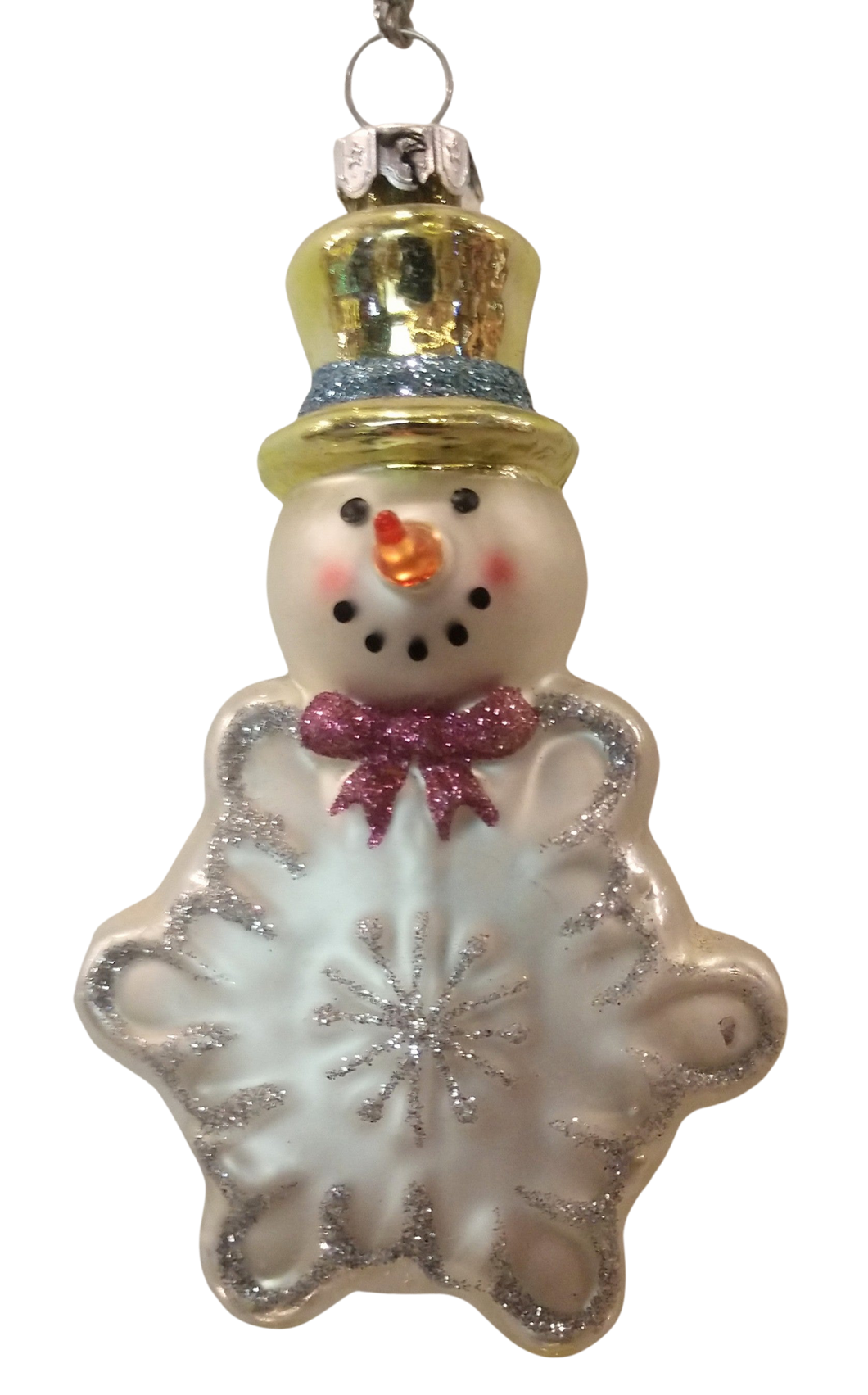 Glass snowman snowflake ornament with gold hat/pink bow 4