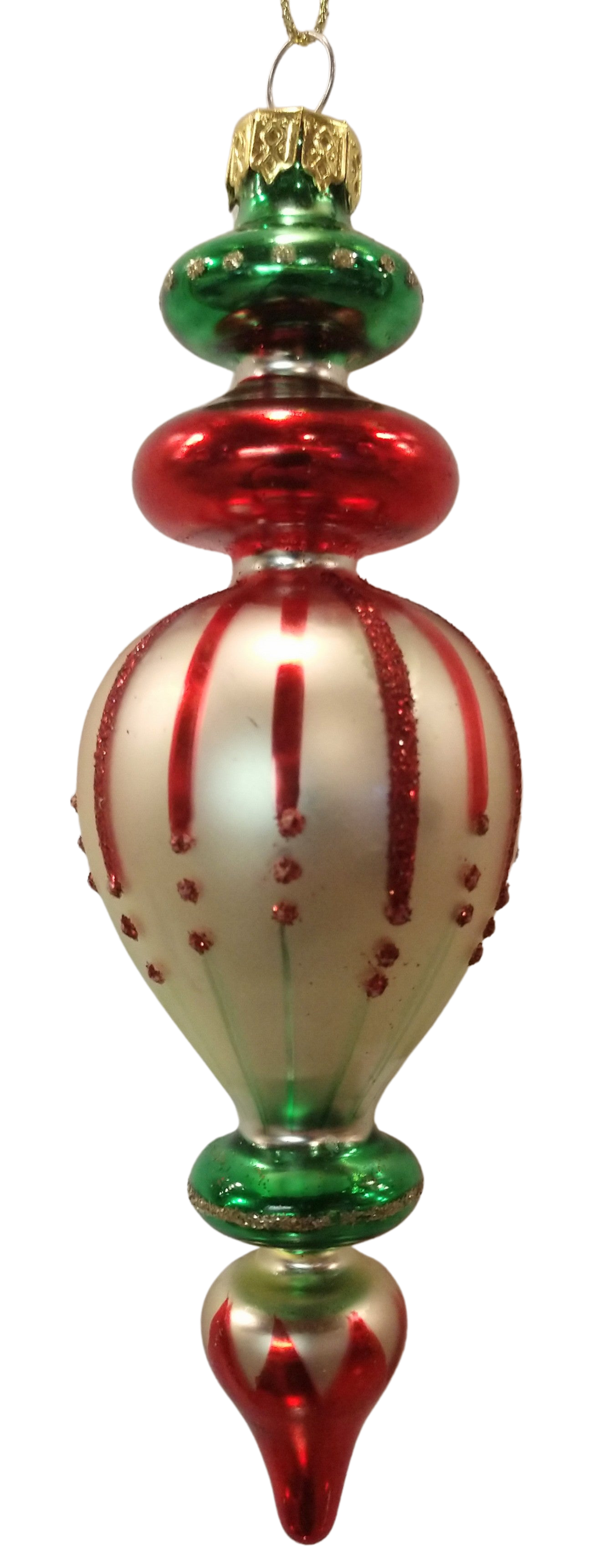 Glass green/red/silver finial ornament 6.5