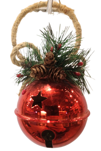 Metal red bell ornament with holly 3"