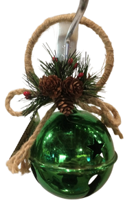 Metal green bell ornament with holly 3"