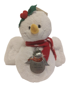 Plush white snowman with angel wings & a snowman ornament 10" Merry Christmas