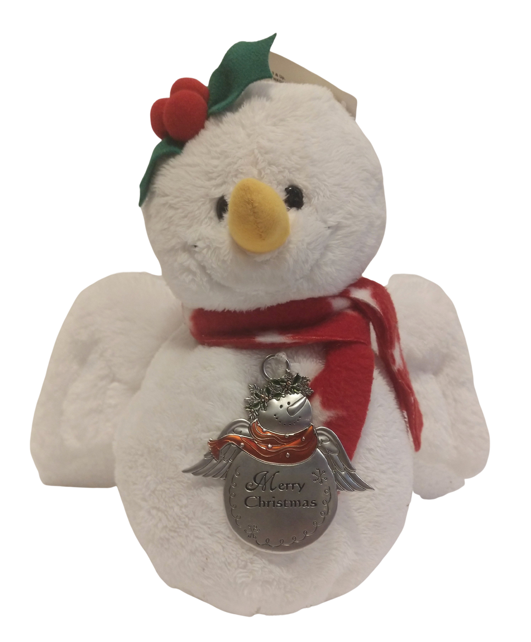 Plush white snowman with angel wings & a snowman ornament 10
