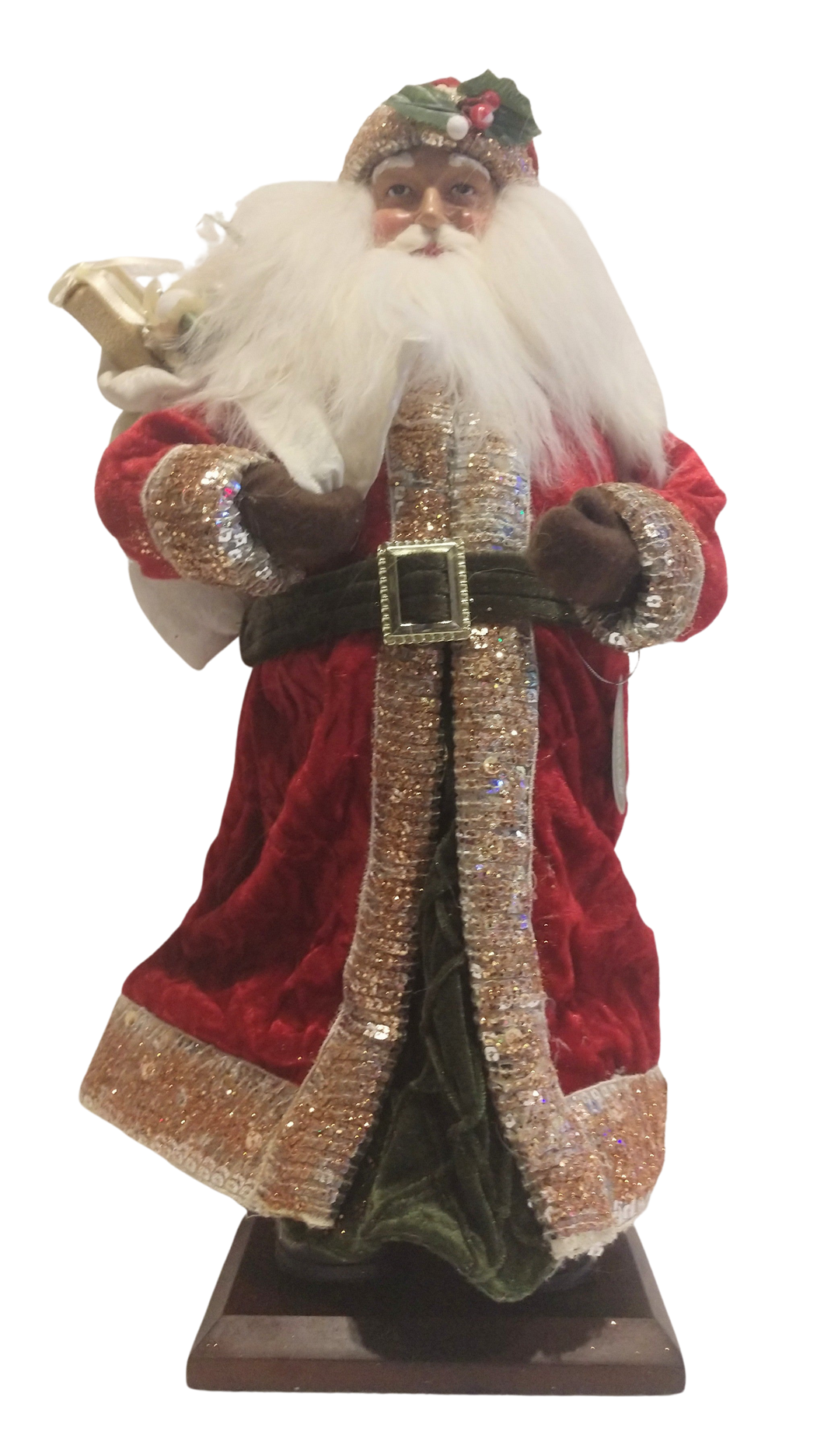 Santa Figure with Gold Sequin Trim & White sack of Presents 19