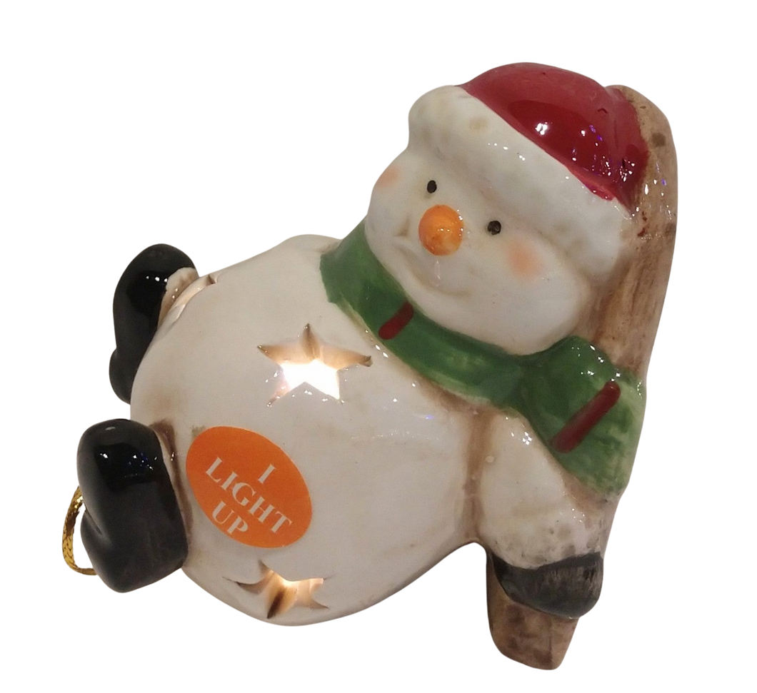 Ceramic Snowman with sled with red hat/green scarf ornament  lights up 3