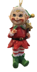 Happy Elf Ornament holding gold star 4" resin