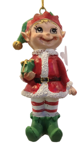 Happy Elf Ornament holding Christmas Gift 4" resin