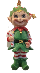 Happy Elf Ornament holding Candy Cane 4" resin